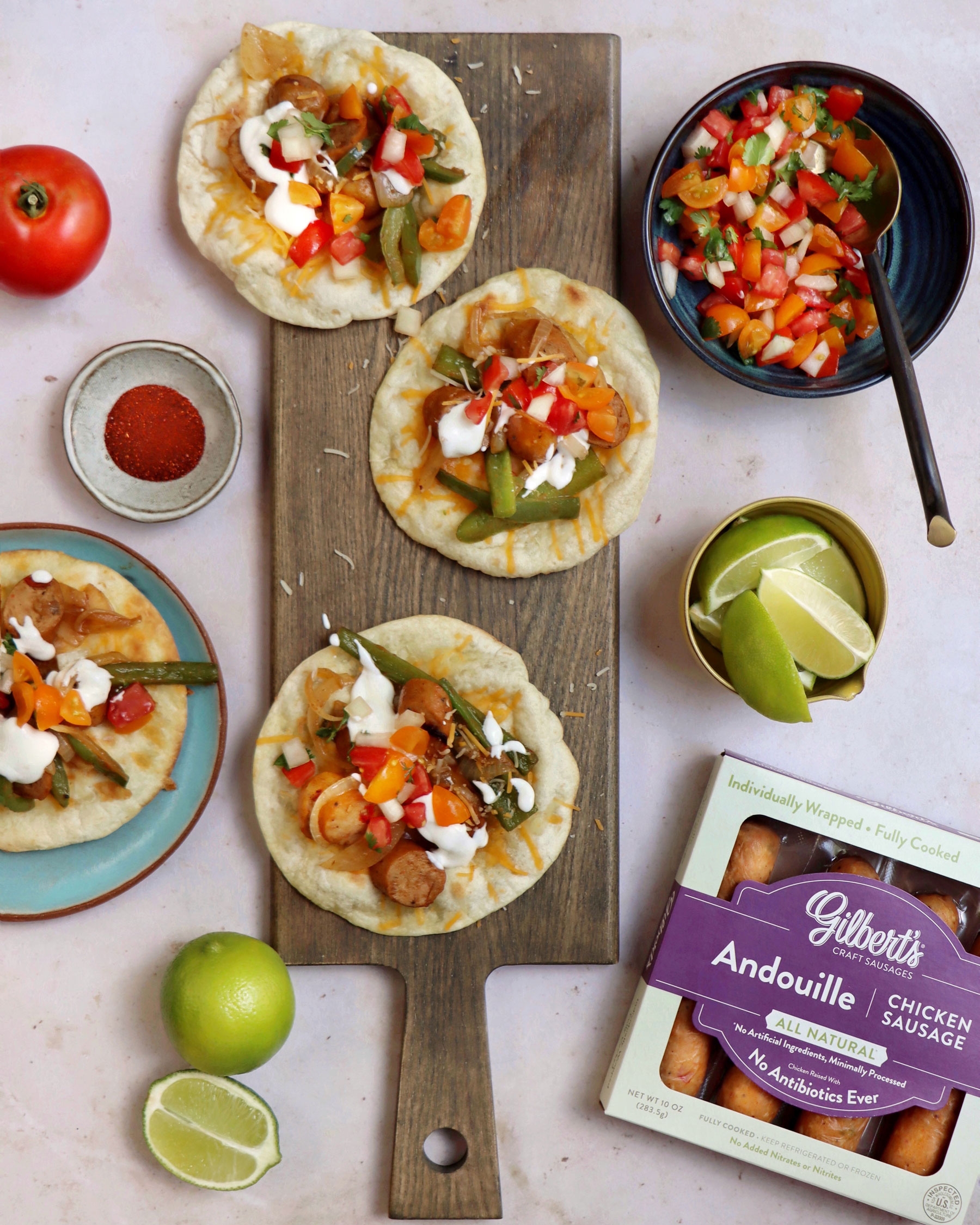 Sausage and Cheese Tostadas with Tomato and Onion Salsa recipe image