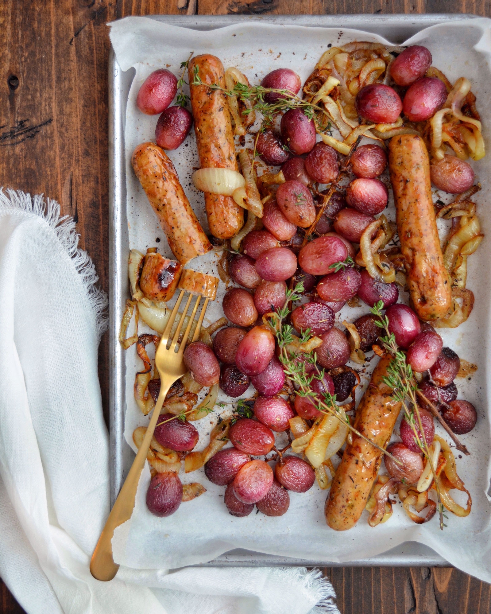 Sausage, Onion & Roasted Grapes Sheet Pan recipe image
