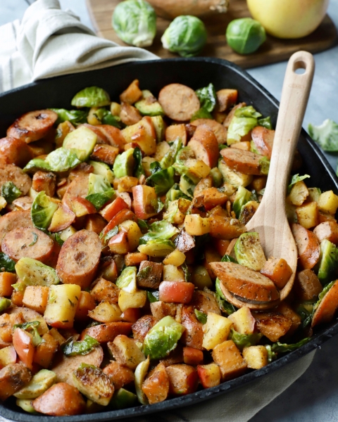 Sweet Potato Hash with Sausage, Apples & Brussels Sprouts recipe image