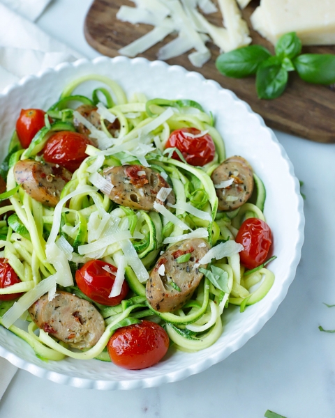 Caprese Zoodles with Chicken Sausage recipe image