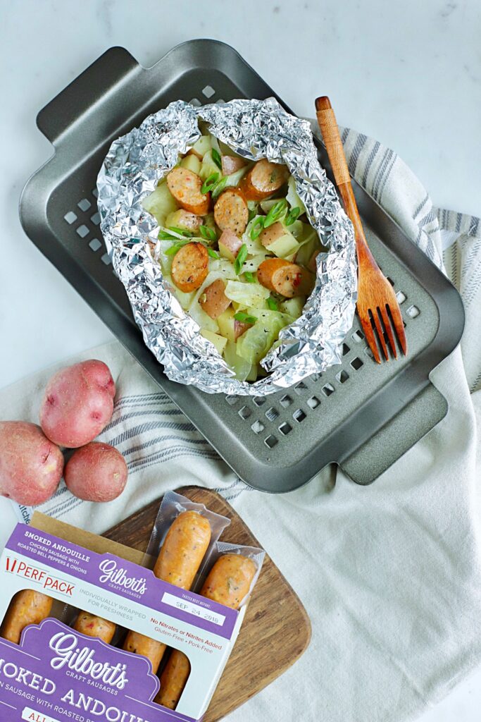 Andouille Sausage, Potato, &amp; Cabbage Foil Packets - Gilbert's Craft Sausages