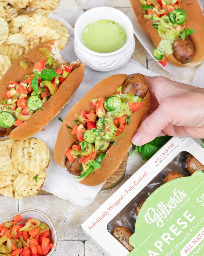 Caprese Chicken Sausages with Relish and Basil Aioli - Gilbert's Craft Sausages